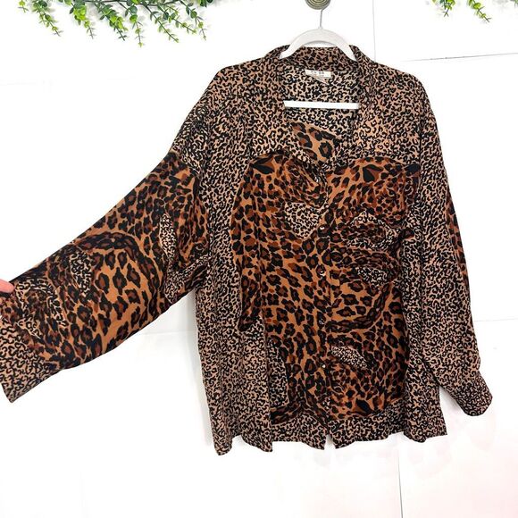 Vintage Leopard Silk Blouse Women 3X Tan Black  Animal Print Button Long Sleeve - Picture 15 of 15